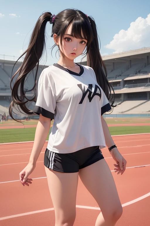 (best qualityer), (hyper realist), mh-yk, 1girl, 独奏, black hair, eyes browns, , long hair, athletic clothing,physical education clothes,,big ,, twintails, plein-air, hair rings, ful dressed, jewelly, bangss,standing wearing sneakers on the athletics track showing off to the spectator