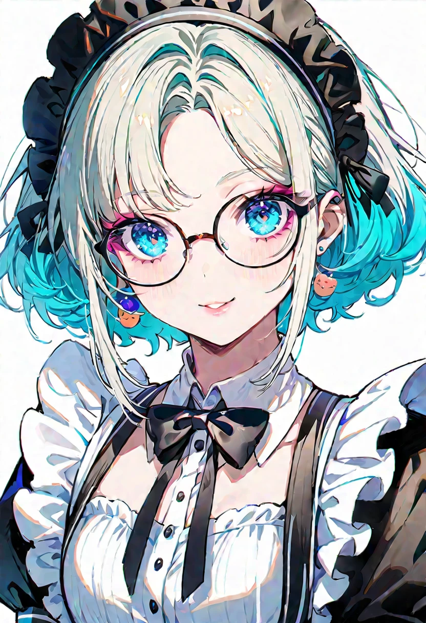 (Maid:1.5),(best quality,Extremely detailed,high resolution:1.2),beautiful girl,Exquisite makeup and perfect face, Long eyelashes, Detailed eyes and lips, A bright smile,Shiny Hair,(The cutest girl in the world:1.5),Exquisite makeup,Glasses