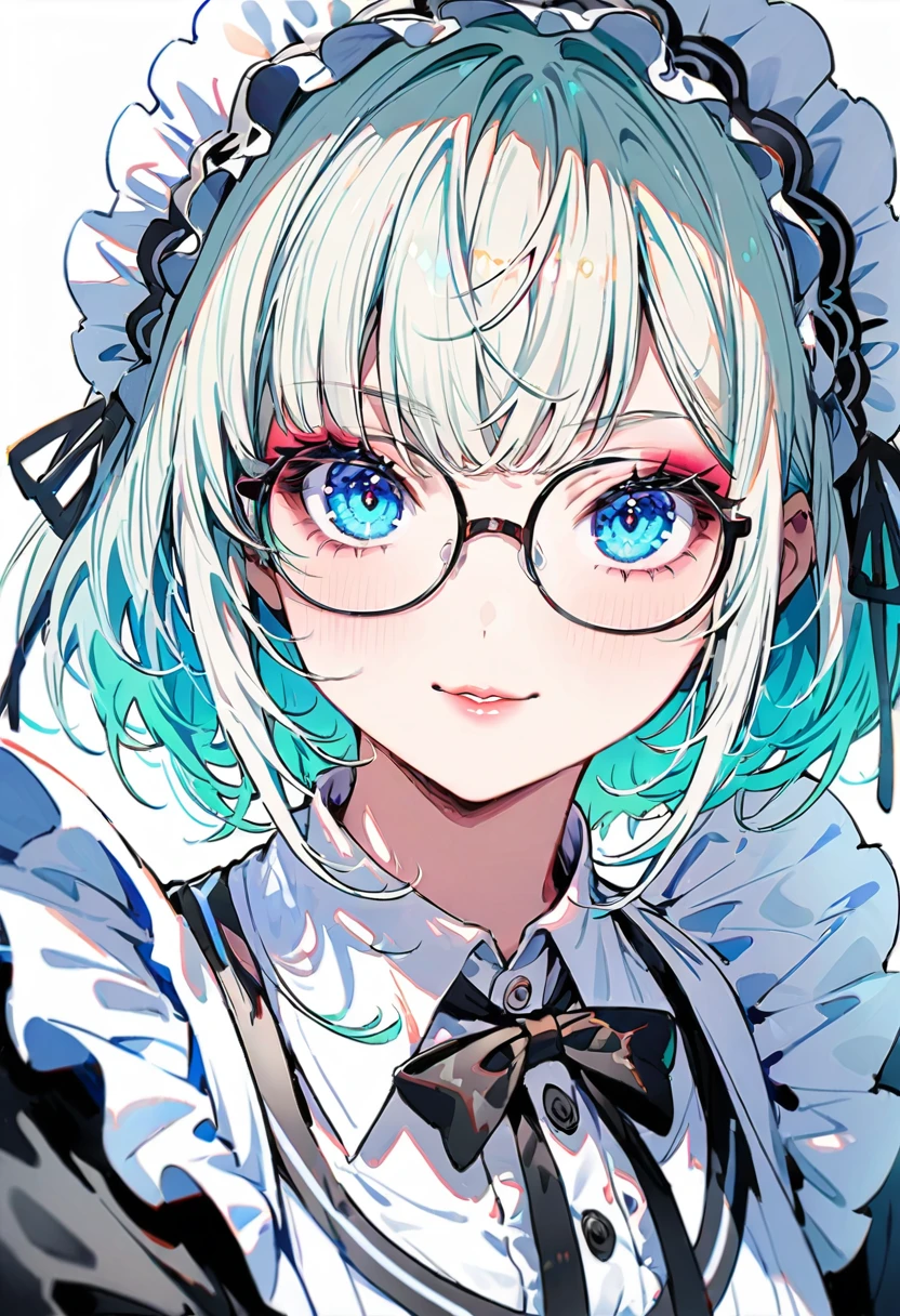 (Maid:1.5),(best quality,Extremely detailed,high resolution:1.2),beautiful girl,Exquisite makeup and perfect face, Long eyelashes, Detailed eyes and lips, A bright smile,Shiny Hair,(The cutest girl in the world:1.5),Exquisite makeup,Glasses