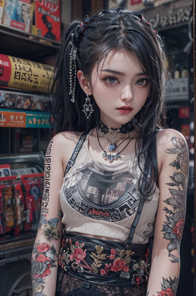 Highest quality、8K、masterpiece:1.3、Gothic Punk、The inner is red、Gray Black Hair、hair ornaments、beautiful girl、creative、Punk Shirt、Neogoth、Goth Fashion:1.2、High resolution、masterpiece、Highest quality、頭w:1.3、((Hasselblad Photos))、Fine skin、Sharp focus、(Cinema Lighting)、Explore Tokyo's nightlife behind the neon lights, Forehead open, Age 25、Petting'Hair back、Shoulder Bare、Red tattoo on neck