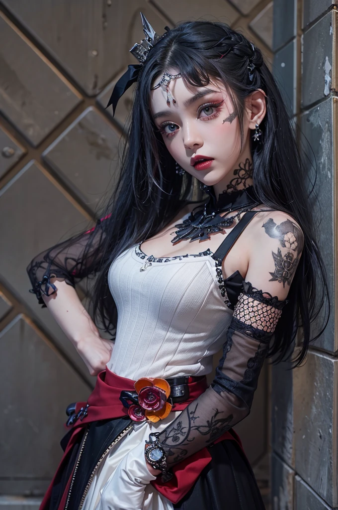 Highest quality、8K、masterpiece：1.3、Gothic Punk、The inner  is red、Gray Black Hair、hair ornaments、beautiful girl、creative、Punk Shirt、Neogoth、Goth Fashion：1.2、High resolution、masterpiece、Highest quality、頭w:1.3、((Hasselblad Photos))、Fine skin、Sharp focus、(Cinema Lighting)、Explore Tokyo&#39;s nightlife behind the neon lights, Forehead open, Age 25、Petting&#39;Hair back、Shoulder Bare、Red tattoo on neck