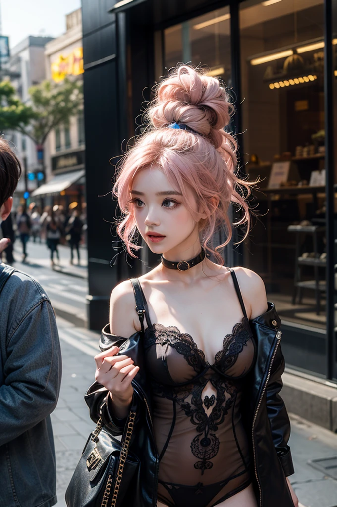 Light pink hair, blue eyes, Champs Elysees, Vibrant colors, steampunk Costumes、 Sunset behind, Ray Tracing, Wavy long hair、shopping、One female、
