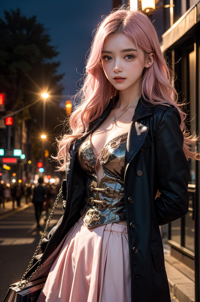 Light pink hair, blue eyes, Champs Elysees, Vibrant colors, steampunk Costumes、 Sunset behind, Ray Tracing, Wavy long hair、shopping、One female、
