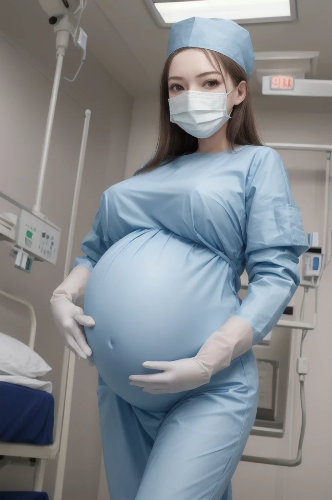 score_9, score_8_up, score_7_up, masterpiece, highest quality, kasuganoray, pale skin, long hair, shy eyes, hide your hair neatly, big breasts, surgical mask, surgical cap, long sleeve maternity dress, seamless,
1 girl, pregnant, solo, rubber gloves, frown, standing, in one hospital, hospital bed,