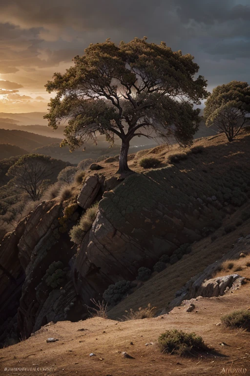 arbol solo en precipicio,solitary tree on cliff,dramatic cloudy sky,moody lighting,cinematic composition,digital painting,detailed foliage,realistic textures,intricate bark,dramatic shadows,vibrant colors,golden hour lighting,atmospheric haze,depth of field,award winning art