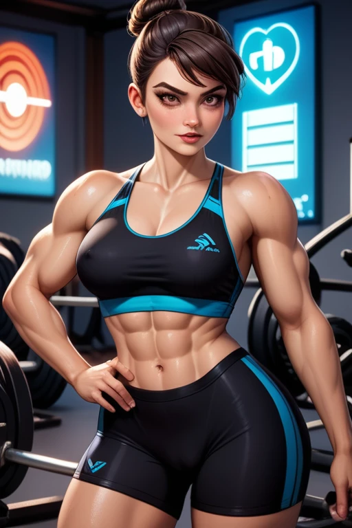 24 year old Caucasian fitness instructor; tomboy; athletic build; Smoothly defined muscles; short dark brown hair tied into a small bun; hazel eyes; Subtle cybernetic enhancements; skin fair; wears high-tech training suits, including sports bras, Compression shorts, e tops; in a futuristic gym with high-tech equipment; put like confidence, exuding a rebellious and tomboyish attitude; The background includes vibrant neon lights and a gritty urban atmosphere; breasts big; Disney style, cgi; best qualityer; High definition; trends on artstation; complex volumetric lighting; eyeshadows;