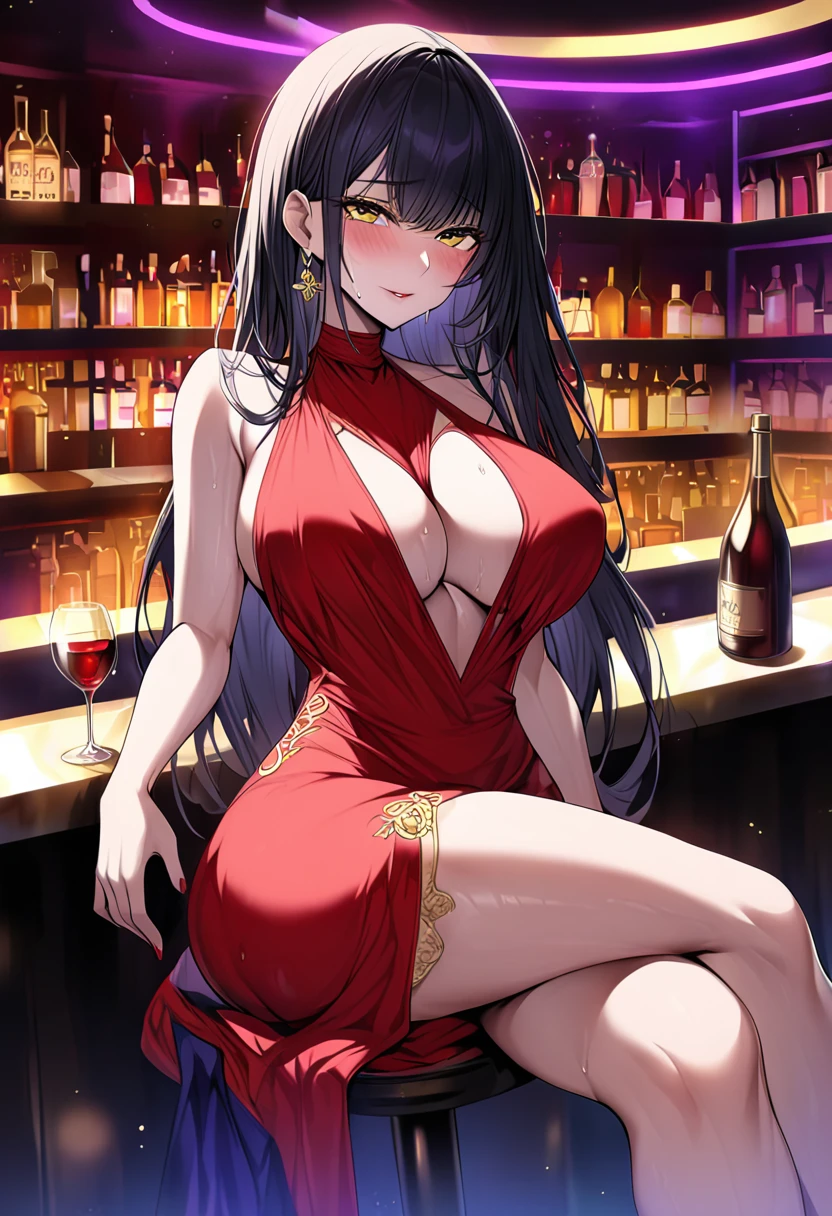 Adult female, milf, busty, hidden hourglass figure, sexy red dress, messy and long black hair, golden yellow irises, defined black pupils, seductive, blushing, casino, drinking wine at bar, sitting at bar, night, perfect eyes, highly detailed, best detail, high quality