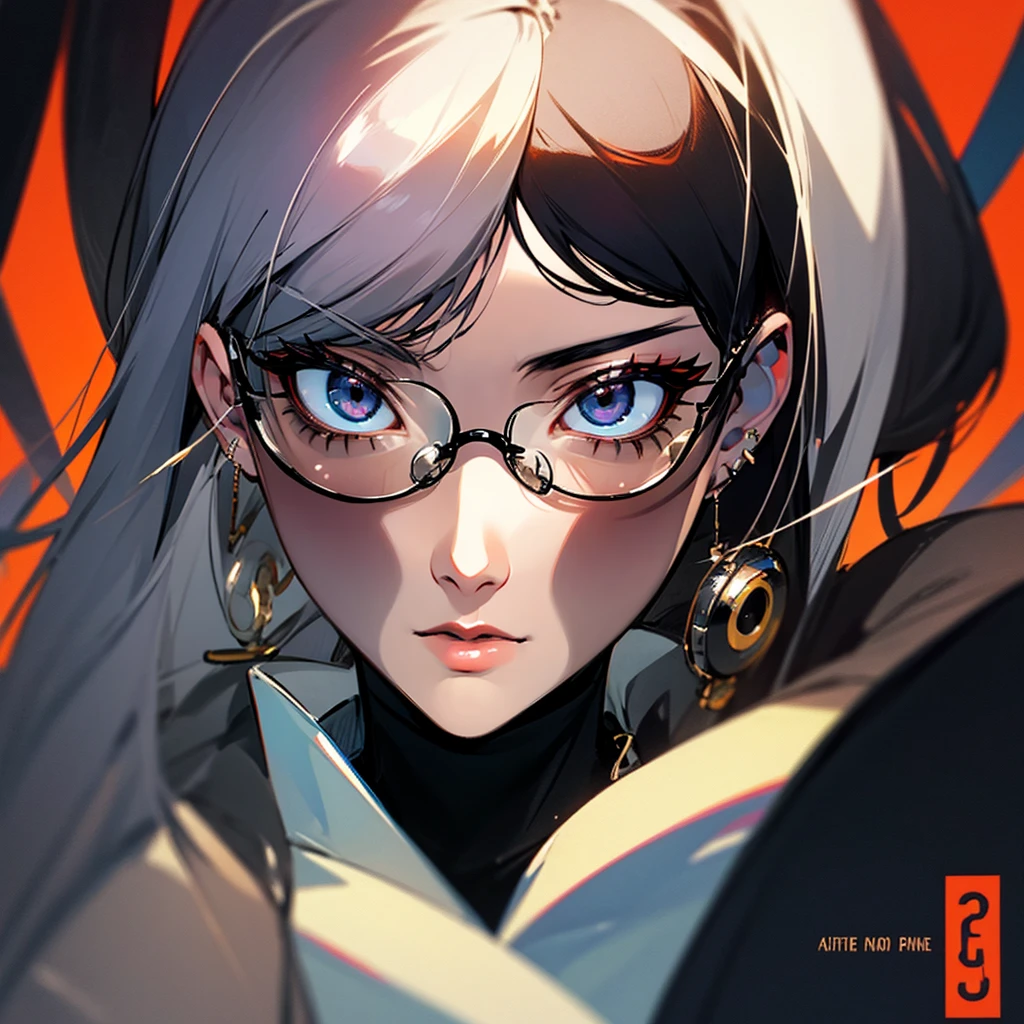 screenshot, screencap, Manga GL Style, facial features of an adult, Black eyes, adult, female, White, She wears flat Oakley glasses, she has long wavy Black hair with Red streaks at the ends, she has a little eyeliner on her eyelashes, She wears accessories such as: earrings, necklaces all silver, she has a neutral expression, She wears a black polyester turtleneck. mature facial features, and big bust, face of mature woman, old woman