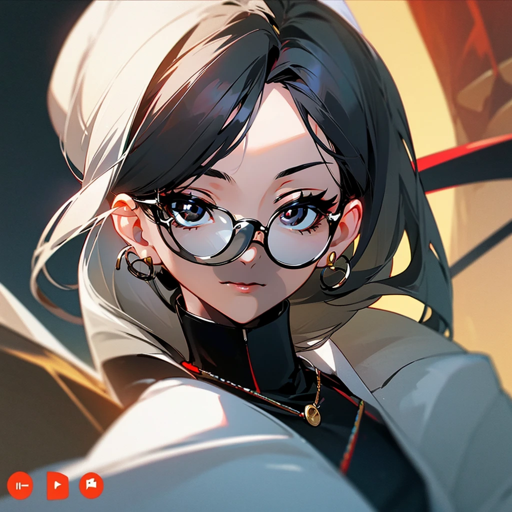 screenshot, screencap, Manga GL Style, facial features of an adult, Black eyes, adult, female, White, She wears flat Oakley glasses, she has long wavy Black hair with Red streaks at the ends, she has a little eyeliner on her eyelashes, She wears accessories such as: earrings, necklaces all silver, she has a neutral expression, She wears a black polyester turtleneck. mature facial features, and big bust, face of mature woman, old woman