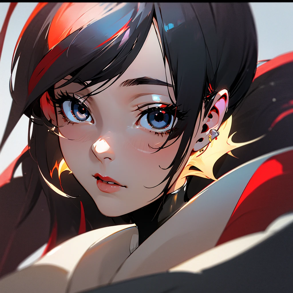 screenshot, screencap, Manga GL Style, facial features of an adult, Black eyes, adult, female, White, She wears flat Oakley glasses, she has long wavy Black hair with Red streaks at the ends, she has a little eyeliner on her eyelashes, She wears accessories such as: earrings, necklaces all silver, she has a neutral expression, She wears a black polyester turtleneck. mature facial features, and big bust, face of mature woman, old woman