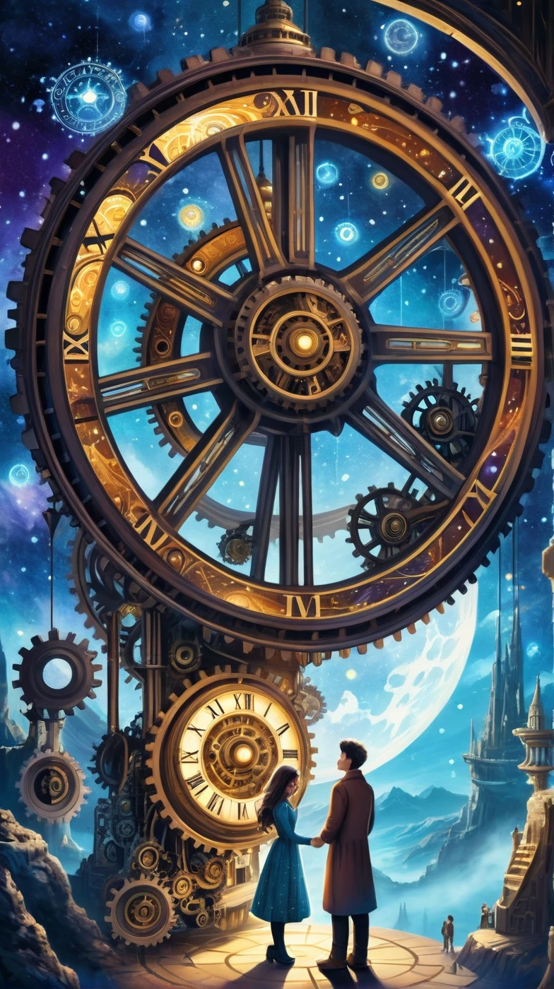 In an otherworldly landscape, lovers, decorated with constellations, surrounded by gears and gears, spend a moment under a colossal time machine in the shape of a cosmic pendulum.