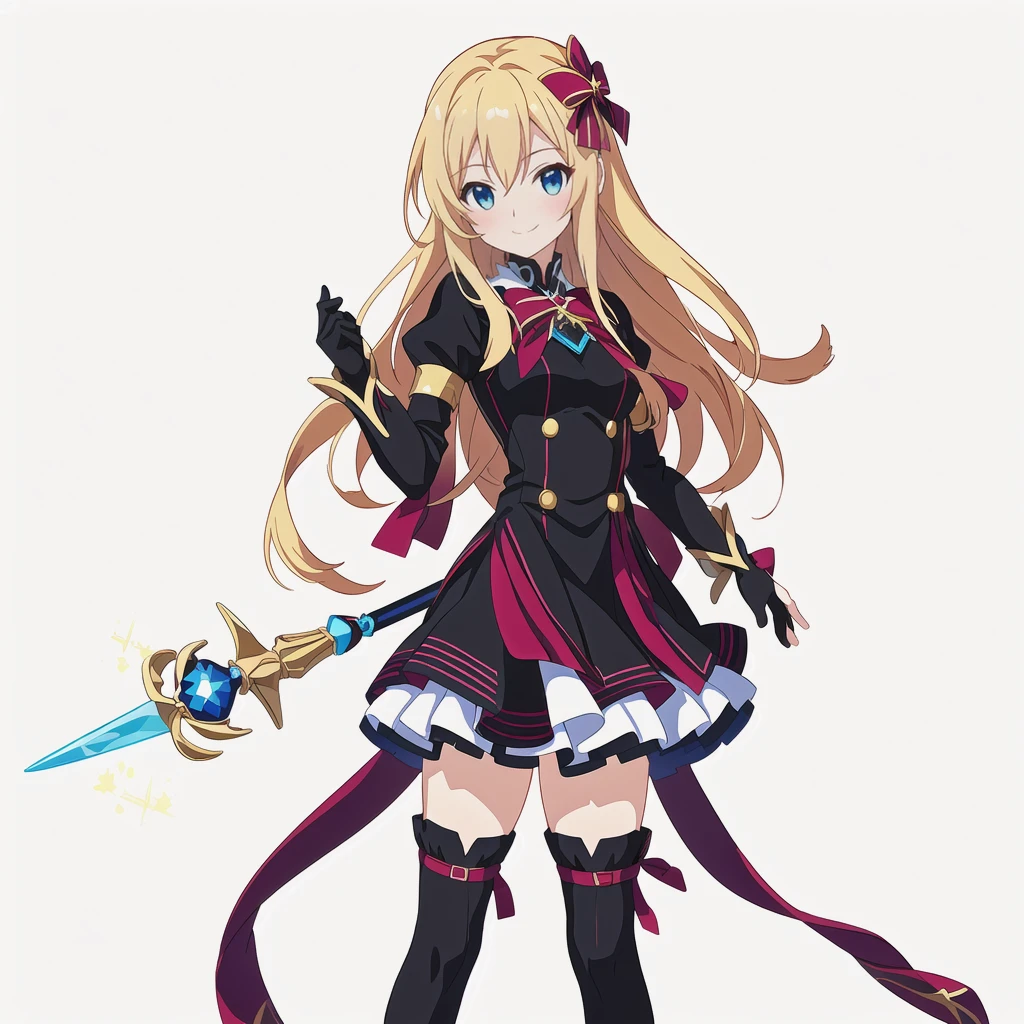 Highest quality, high resolution, High quality anime art style, Perfect hands,Perfect Fingers.Official Art, Smooth anime CG art, Stylized anime, Cute 3D anime girl render, Visual Novel Sprites, White background, whole body, Anime-style 3D, Smooth anime CG art, humanoid woman, JRPG Characters, Magical Girl Style, Anime woman in a black dress with maroon ribbon, Black gloves, Blonde, Long Hair, Light blue eyes, smile, ((Carrying a decorated magic wand)), Small Bust, Small breasts, 15 years old,