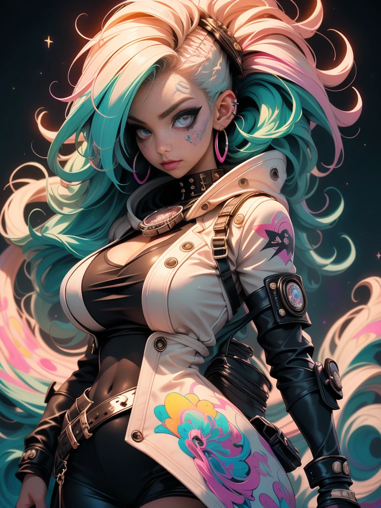 (masterpiece, top quality, best quality, official art, beautiful, cosmic, atmospheric, psychedelic, dreamlike and aesthetic, swirling psychedelic cosmic graffiti patterns:1.2), (1girl), extreme detailed,(fractal art:1.3),colorful,highest detailed, "(Best Quality, 8K, 32K, masutepiece:1.3), Ultra-detailed, (Photorealistic:1.4), pink and white colors, perfect color scheme, albino, Punk rock Girl, Detailed moonlight eyes, full body portrait, Luxurious neon white punk hair, Edgy Harajuku-inspired punk rock fashion, super huge enormously gigantic tits, cleavage showing, Avant-garde makeup, Numerous piercings, Heavily tattooed body, swirling psychedelic cosmic dreamlike graffiti pattern background