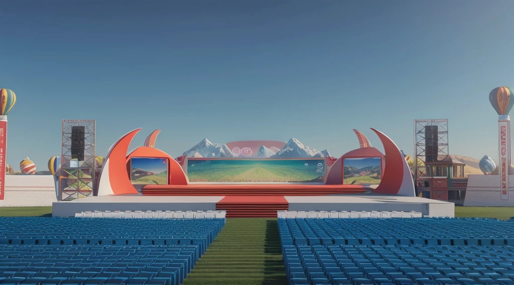 masterpiece,C4D,OC Renderer,high quality,Bright hues,Outdoor event stage design 3D rendering, Tibet, LED screen, two red podiums and blue seats, Grass, chairs, mountains, hot air balloon, snow, mountains, white, panoramic view