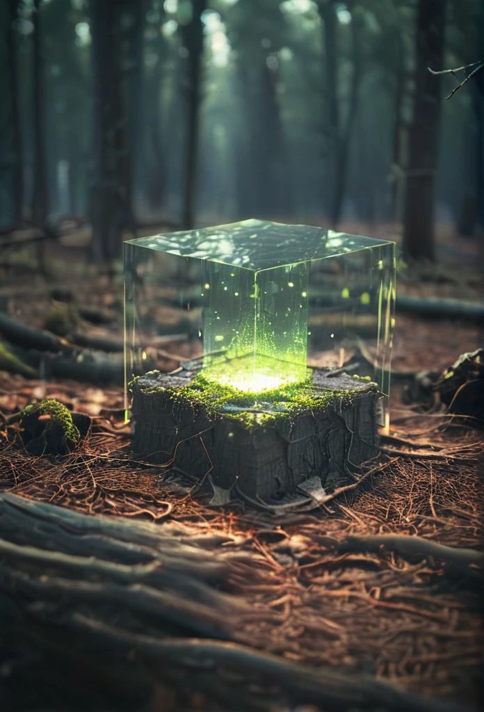 Glowing square shape in forest, depth of field