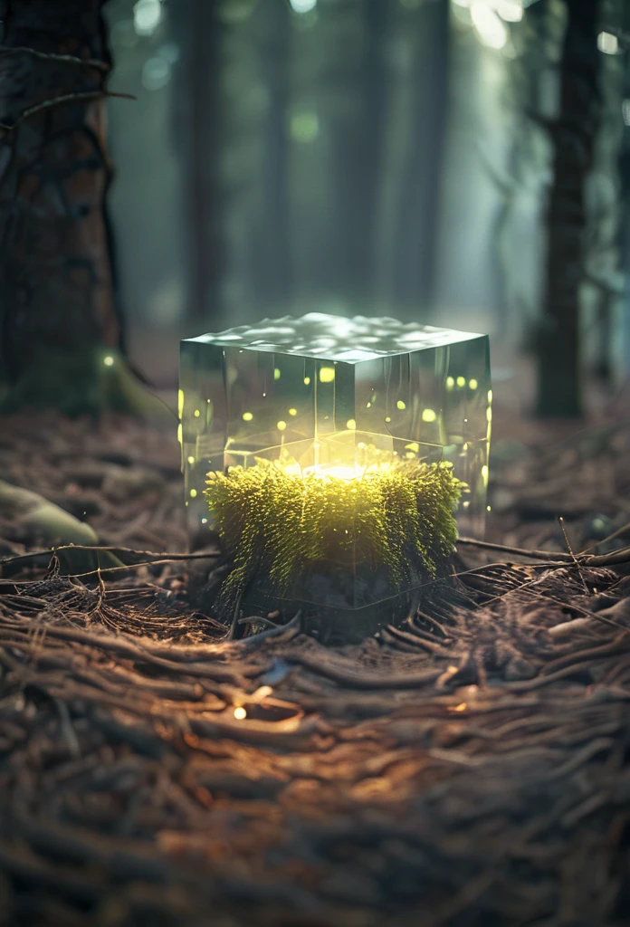 Glowing square shape in forest, depth of field