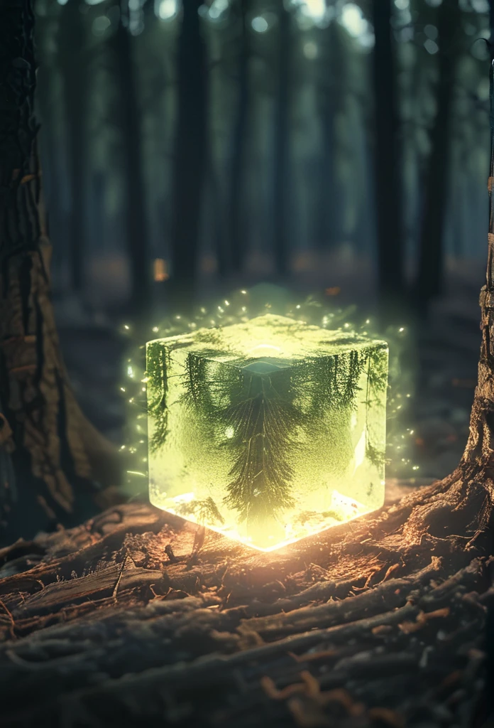 Glowing square shape in forest, depth of field