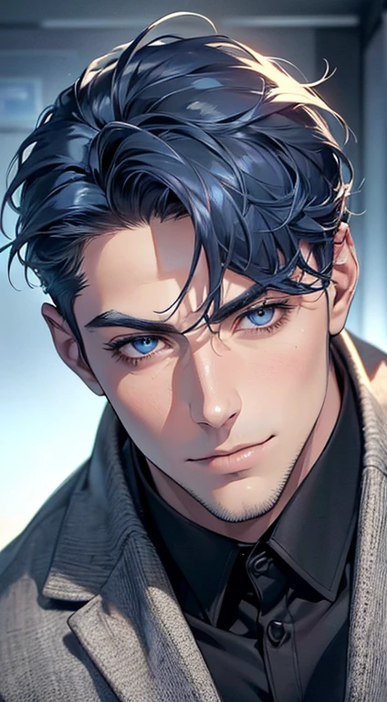 (best quality,4k,8k,highres,masterpiece:1.2),ultra-detailed,(realistic,photorealistic,photo-realistic:1.37),1 man,31 years old,mature man,very handsome,without expression,smile,short blue hair,blue eyes,penetrating gaze,perfect face without errors,imposing posture,businessman,office background,cinematic lighting,hdr image