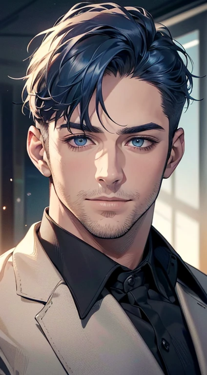 (best quality,4k,8k,highres,masterpiece:1.2),ultra-detailed,(realistic,photorealistic,photo-realistic:1.37),1 man,31 years old,mature man,very handsome,without expression,smile,short  blue hair,blue eyes,penetrating gaze,perfect face without errors,imposing posture,businessman,office background,cinematic lighting,hdr image