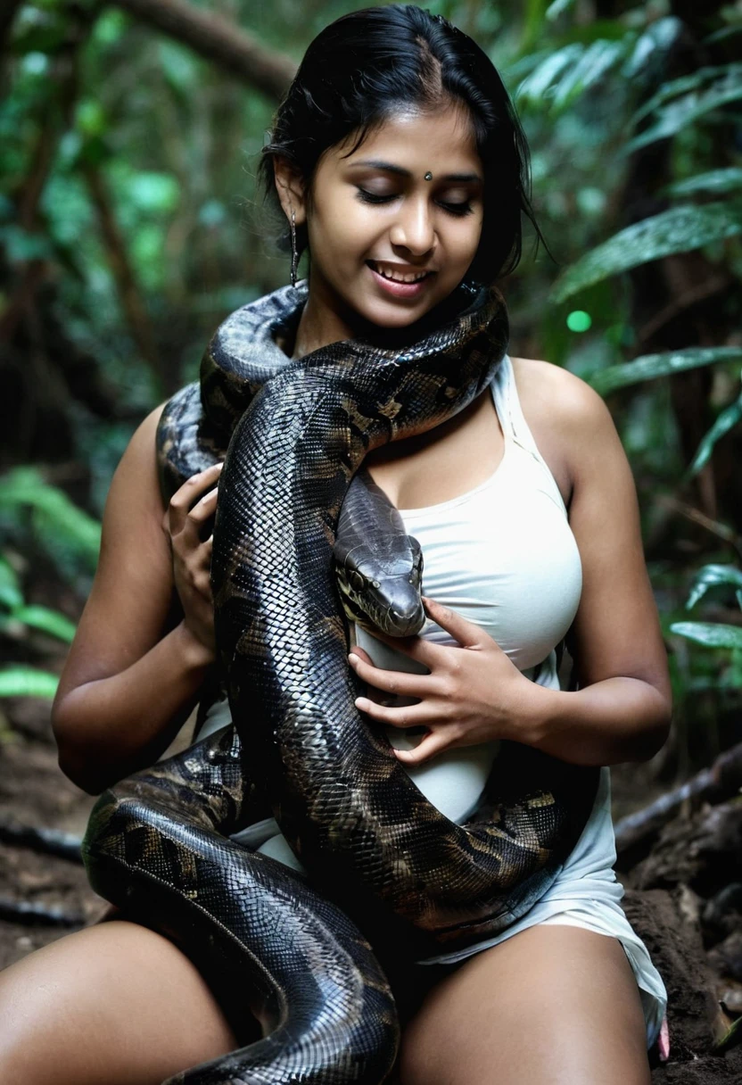 Pregnant Top quality, masterpiece, super high resolution, real photo, raw photo, cute, beautiful indian young girl, happy expression, joy, glossy skin, dramatic lighting, full body, full body wet, dirty white tank top, sheer with thin fabric, white shirt dirty with mud, beautiful breasts, beautiful ass, butt sticking out, creepy, in the dark jungle, waterside, black large titanboa , slim, long limbs, slimy, slim Sleeping on large titanboa a large giant black titanboa wrapped around her neck, a large titanboa wrapped around her body, a titanboa’s head from between her crotches, a titanboa and a titan’s intertwining their tongues and kissing, a girl hugging giant titanbo a girl and a large titanboa staring at each other Many large anacondas horny aroused tentacle sex large object penetration nsfw snake tongue kissing blowjob bestiality