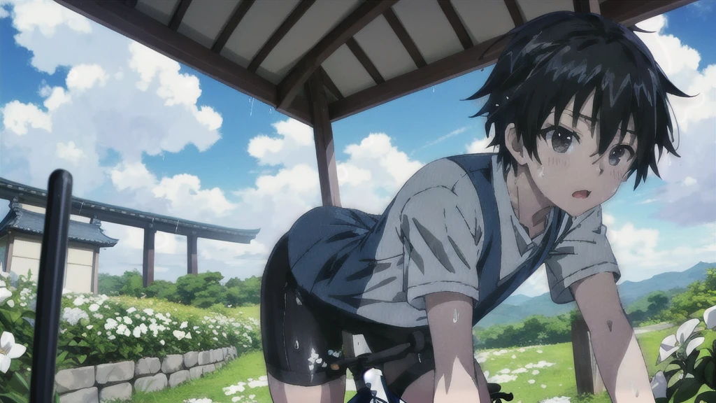 ((Highest quality)), ((masterpiece)), (detailed), Highest quality、High resolution、８K、Grey Sky、dim、male、male子学生、17 years old、soaked、bicycleを全力で漕いでいる、bicycleに乗っている、Very cloudy sky、Shower、Japan、Urban park、bicycle、White short sleeve shirt、Black trousers、bicycleに乗ったJapanの学生服を着たmale子学生の後ろ姿、Heavy downpour、Gardenia flowers、Slope、Japanのアニメのような画風、超High resolutionかわいい萌えアニメ8k