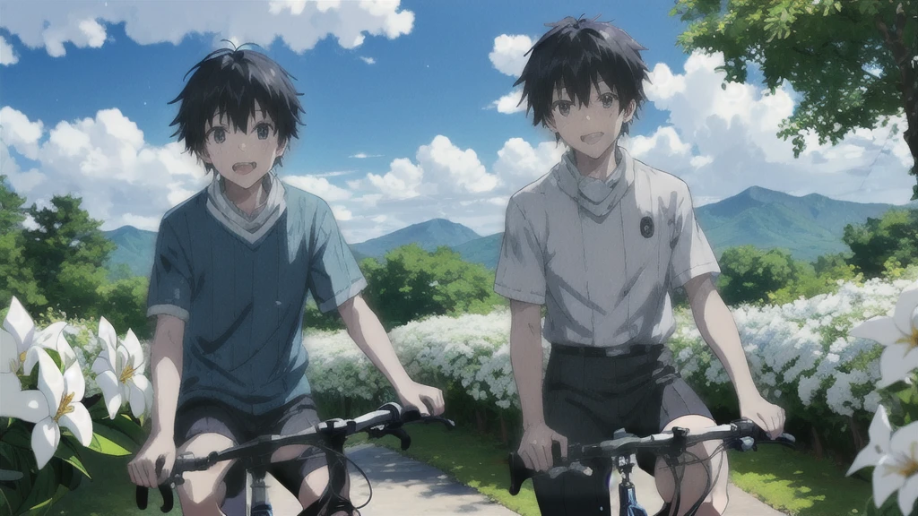((Highest quality)), ((masterpiece)), (detailed), Highest quality、High resolution、8K、Grey Sky、dim、male、male子学生、17 years old、soaked、bicycleを全力で漕いでいる、bicycleに乗っている、Very cloudy sky、Shower、Japan、Urban park、bicycle、White short sleeve shirt、Black trousers、bicycleに乗ったJapanの学生服を着たmale子学生の後ろ姿、Heavy downpour、Gardenia flowers、Slope、Japanのアニメのような画風、超High resolutionかわいい萌えアニメ8k