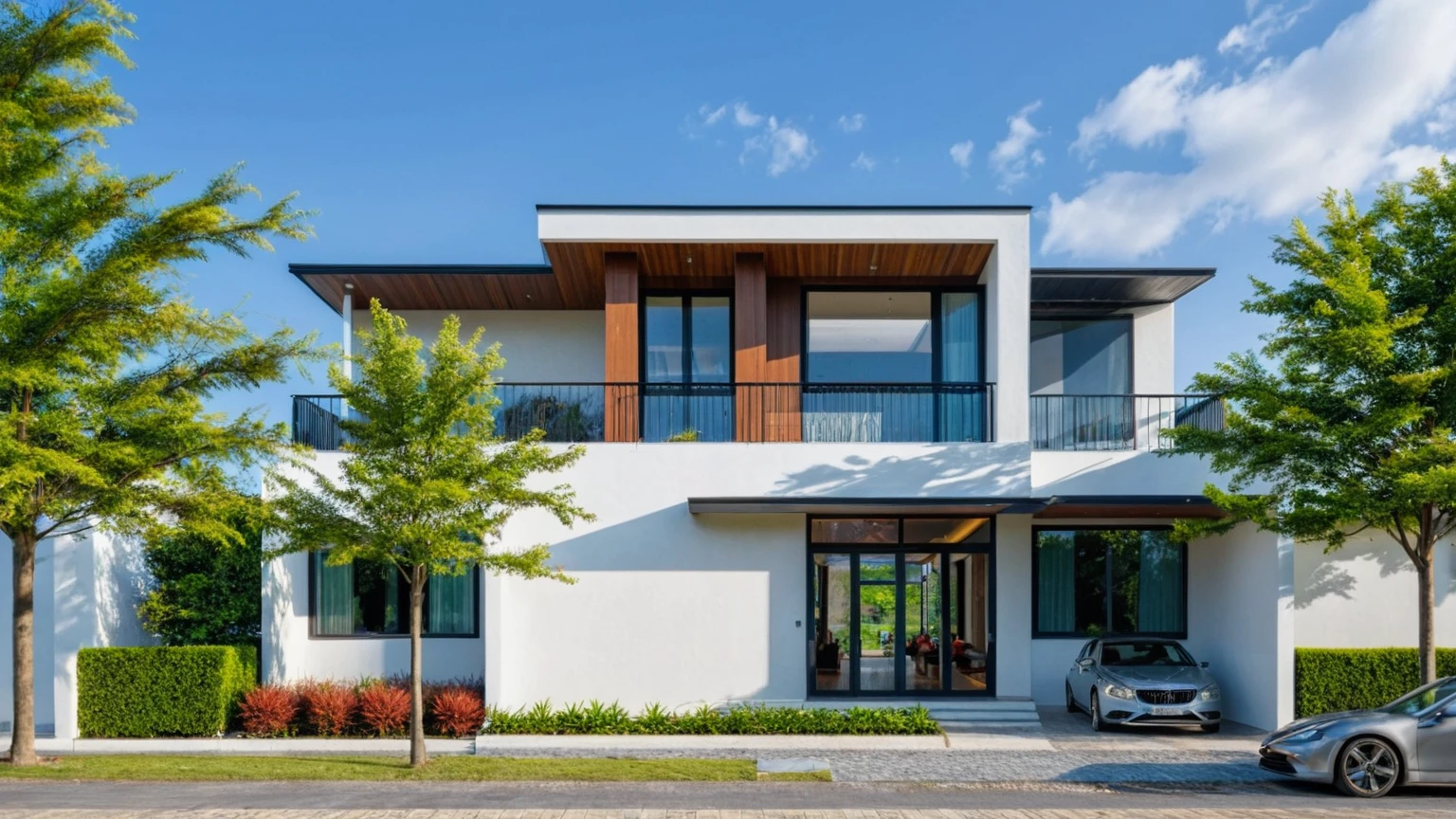 Raw photo,Masterpiece, high quality, best quality, authentic, super detail, exterior, outdoors,Tuonghoagio,house, modern stytle, on the street,wind flower wall, glass windows, white wall,gate, metal railing road,pavement, grass, trees, blue sky, (daylight:1.1), ((realistic photo))