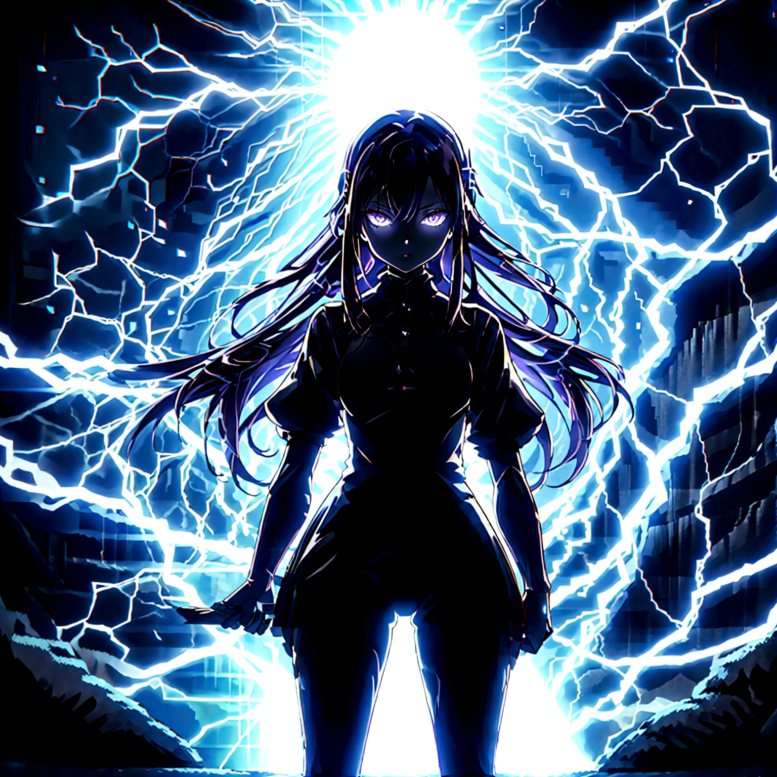 Anime girl with very long dark purple hair and a flower hair accessory wearing black short jeans with latex socks and a sport shoes wearing a cut shirt with no sleeves and half cut from below showing her belly with a black vest with short latex gloves purple glowing eyes holding a very long katana and in her other hand a very tall scabbard as she's surrendered with purple aura while giving a calm look on her face background city at night in Jujutsu Kaisen style while approaching a weird creature 