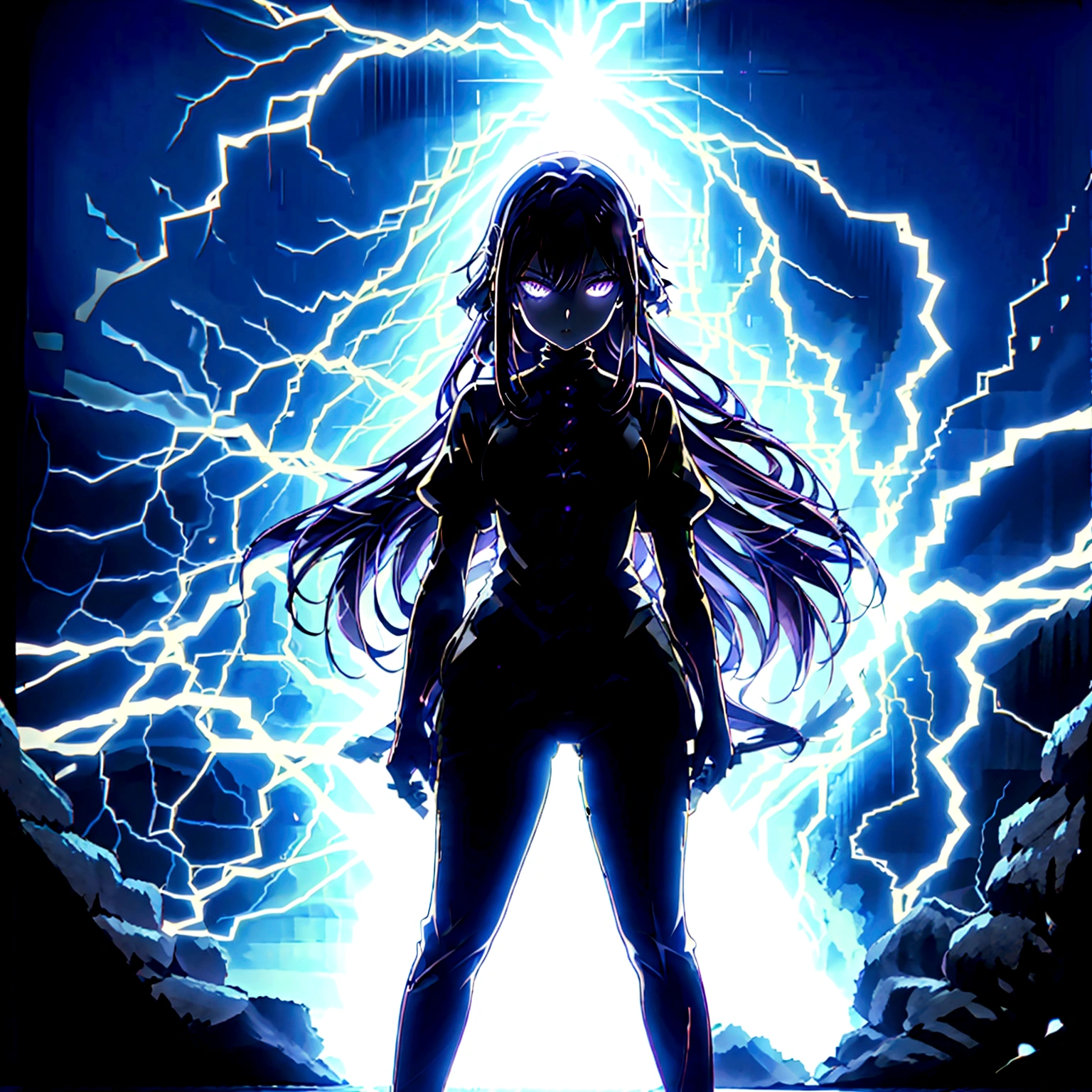 Anime girl with very long dark purple hair and a flower hair accessory wearing black short jeans with latex socks and a sport shoes wearing a cut shirt with no sleeves and half cut from below showing her belly with a black vest with short latex gloves purple glowing eyes holding a very long katana and in her other hand a very tall scabbard as she's surrendered with purple aura while giving a calm look on her face background city at night in Jujutsu Kaisen style while approaching a weird creature 