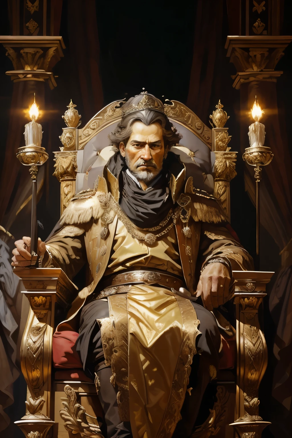 (oil painting,brush strokes),(18th century),(king sitting on the throne),(detailed facial expression),royal outfit,Royal surroundings,wooden crown and scepter,Historical setting,soft lighting,rich color palette,luxurious textures,Estilo Retrato,extremely beautiful classical art, {absurdly beautiful}