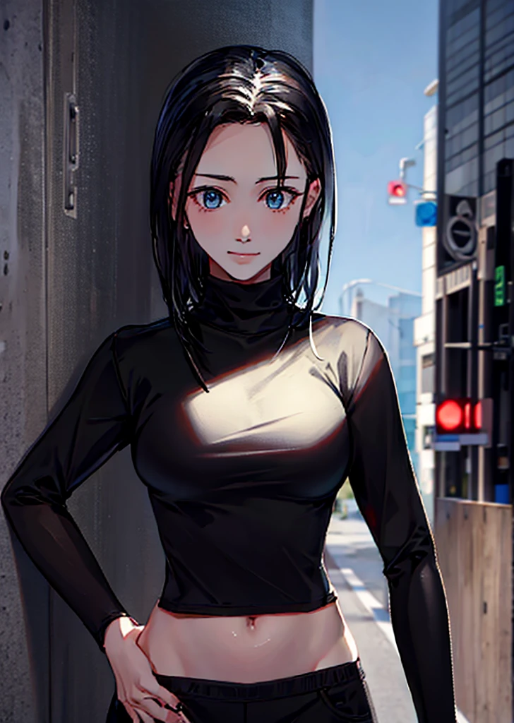 girl, wearing a black t-shirt and sweatpants, short black hair