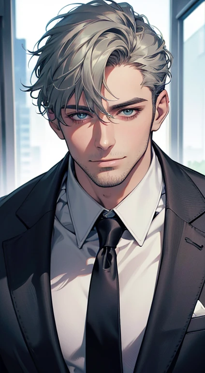 (best quality,4k,8k,highres,masterpiece:1.2),ultra-detailed,(realistic,photorealistic,photo-realistic:1.37),1 man,31 years old,mature man,very handsome,without expression,smile,short grey green hair,blue eyes,penetrating gaze,perfect face without errors,imposing posture,businessman,office background,cinematic lighting,hdr image