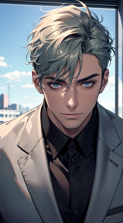 (best quality,4k,8k,highres,masterpiece:1.2),ultra-detailed,(realistic,photorealistic,photo-realistic:1.37),1 man,31 years old,mature man,very handsome,without expression,smile,short grey green hair,blue eyes,penetrating gaze,perfect face without errors,imposing posture,businessman,office background,cinematic lighting,hdr image