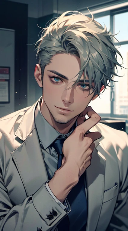 (best quality,4k,8k,highres,masterpiece:1.2),ultra-detailed,(realistic,photorealistic,photo-realistic:1.37),1 man,31 years old,mature man,very handsome,without expression,smile,short grey green hair,blue eyes,penetrating gaze,perfect face without errors,imposing posture,businessman,office background,cinematic lighting,hdr image
