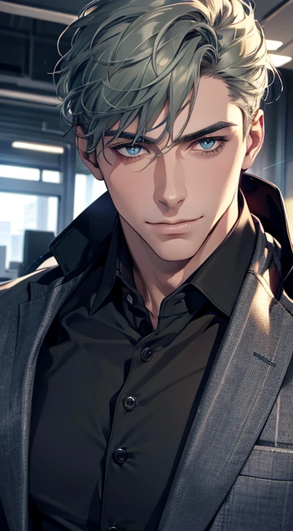 (best quality,4k,8k,highres,masterpiece:1.2),ultra-detailed,(realistic,photorealistic,photo-realistic:1.37),1 man,31 years old,mature man,very handsome,without expression,smile,short grey green hair,blue eyes,penetrating gaze,perfect face without errors,imposing posture,businessman,office background,cinematic lighting,hdr image