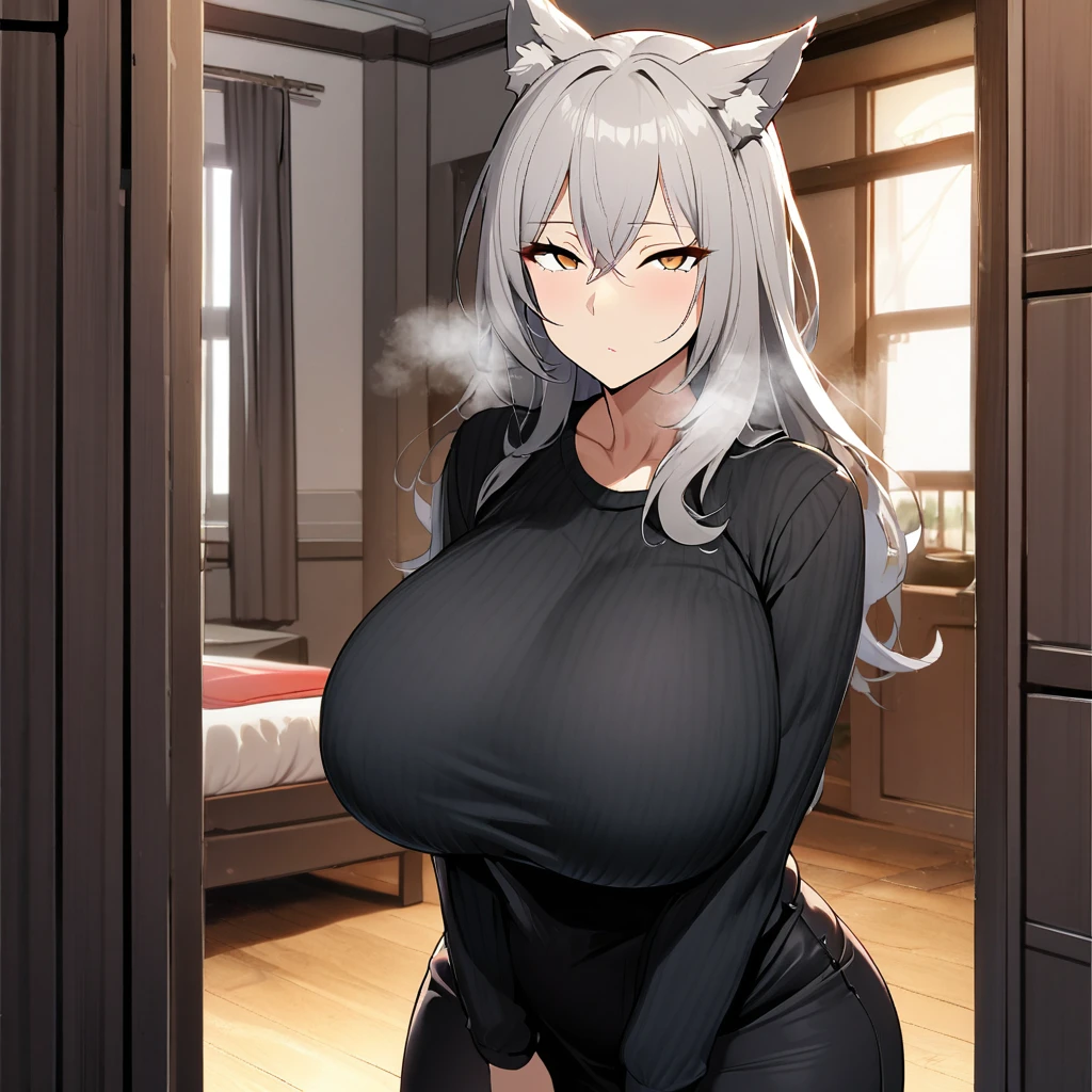 1girl,solo,Mature Women,Females in heat,grey hair color,long hair,wolf ears,blonde eyes,slanted eyes,super huge breasts,slender,black knit long sleeves,breath,amorous glance,mature and sexy,looking at viewer,very near,standing up,expressionless,house,in room