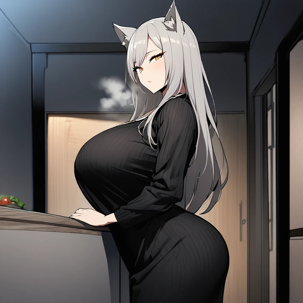 1girl,solo,Mature Women,Females in heat,grey hair color,long hair,wolf ears,blonde eyes,slanted eyes,super huge breasts,slender,black knit long sleeves,breath,amorous glance,mature and sexy,looking at viewer,very near,standing up,expressionless,house,in room