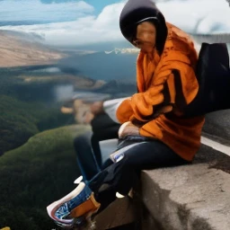  a 27 year old Indonesian man with a thin body, very short hair, wearing an orange hoodie, wearing long black jeans, wearing blue flip-flops, wearing sunglasses, sitting sideways on the edge of a cliff, you can see a mountain, beautiful lakes and natural views, daytime atmosphere 