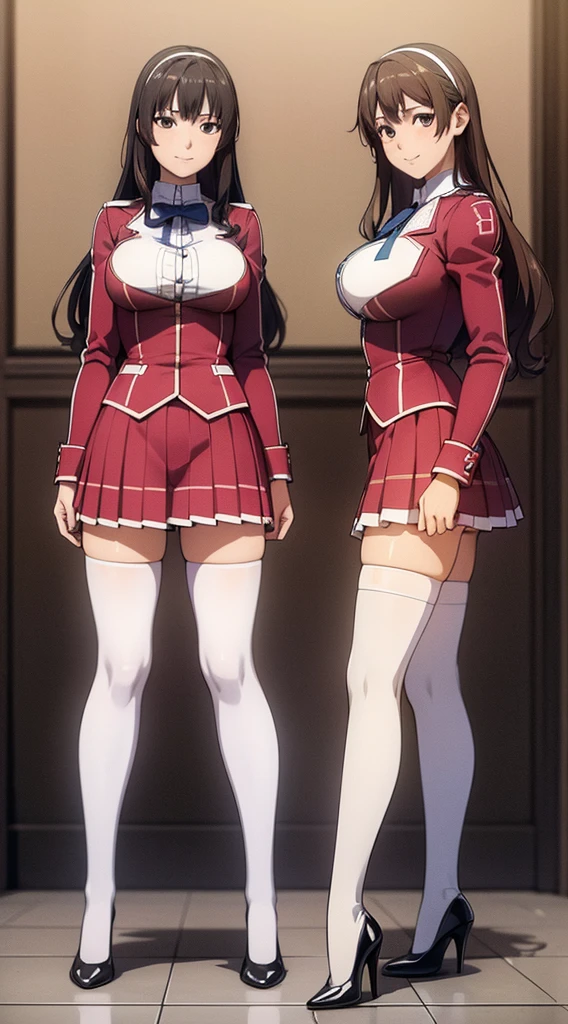a beautiful detailed girl with curly brown hair and hazel eyes, a second identical twin sister with the same features, both wearing matching school uniforms with blazers, lace sections, ribbons, rainbow short skirts, white thigh-high socks and black high heels, smiling seductively in a full body duo pose, (best quality,4k,8k,highres,masterpiece:1.2),ultra-detailed,(realistic,photorealistic,photo-realistic:1.37),flat_color,duo,identical twins,identical sisters