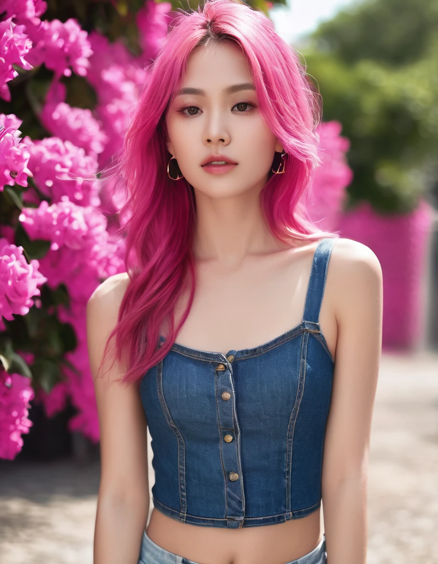 (highly detailed body, highly detailed face, best quality:1.2) ,A Woman, with long pink hair, look away from viewer, side poses,(denim lace bra, denim shorts ), (Pink bougainvillea mess in background:1.4), dynamic poses,far away shot, 16K, photorealistic, UHD, RAW, film grai,bokeh, Eye-Level Shot, f/1.8, 35mm, Canon, UHD, masterpiece, best quality, high-res, 8k, ambr1, bright light,n