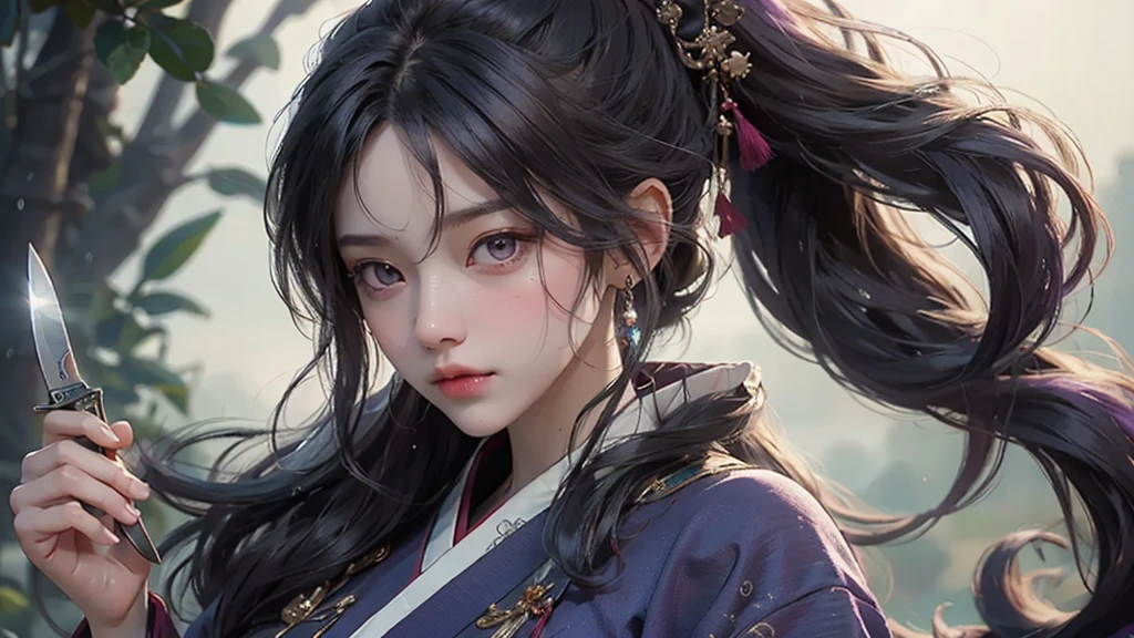 One girl,goddess，Delicate and beautiful face,Flowing，Full Breast，Perfect balance, detailedな衣服のdetailed,Cinema Lighting, Film Grain, Fujicolor, Light and dark contrast, 8K, masterpiece, Textured skin, 超detailed, High detail, high quality, High resolution,(最high quality, masterpiece, colorful, Dynamic Angle, highest detailed)Full body photo, ull body photos magnificent real, (close), One girl, floating midnight purple hair, long 髪,,Ponytail Hair, (water:0.7), waterdrop, Wet, Holding_knife, Shrine maiden clothing with intricate patterns, ultra detailed, (texture_clothing), Japanese-style scenery, (Intricate details, hyperdetailed:1.15), detailed, light passing through 髪, (Official Art, extreme detailed, highest detailed),