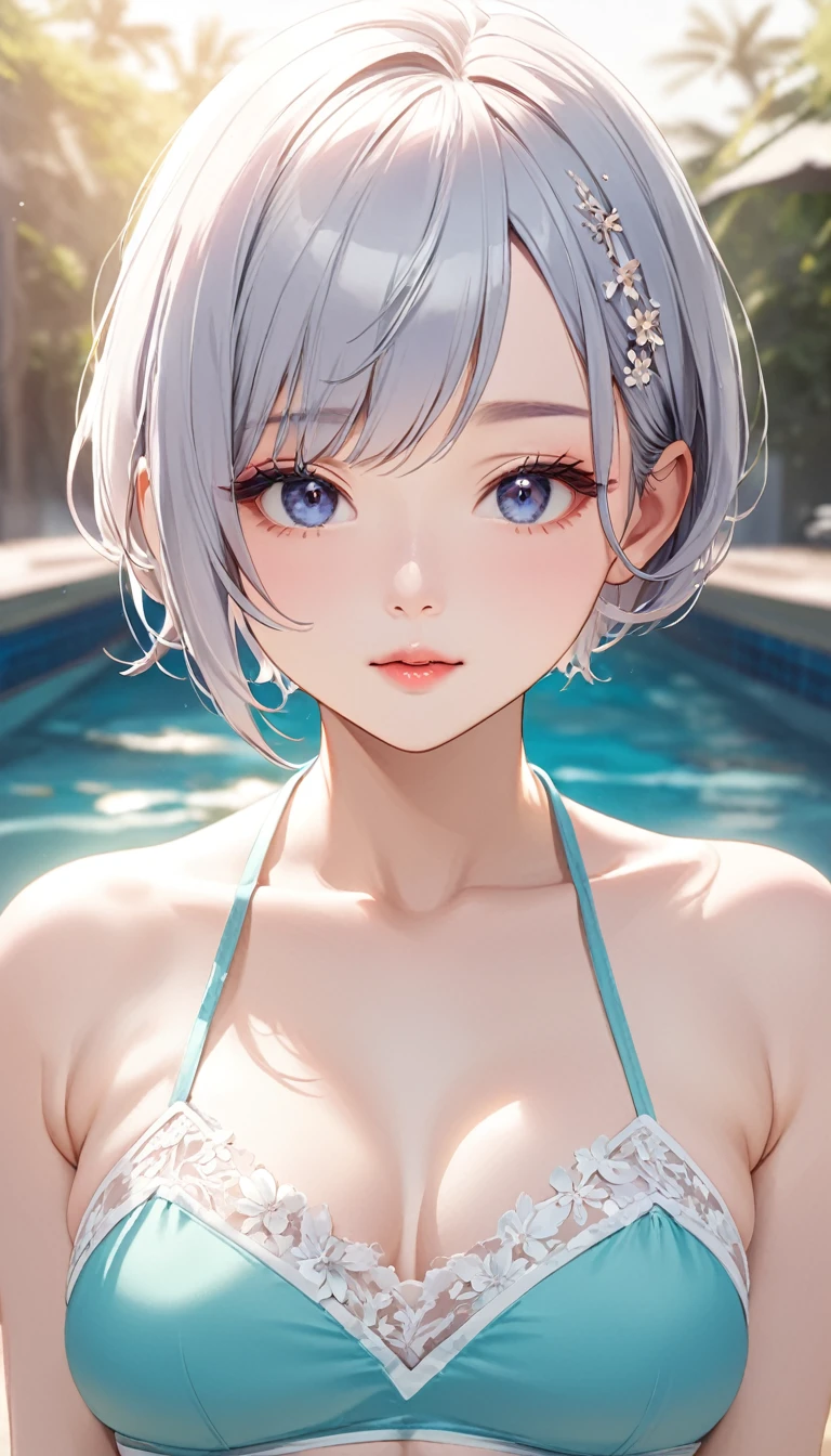 (((masterpiece))),(((High resolution)))、(((8K quality)))、(((perfect face)))、(((Korean beauty))), 30 years old, (((tube top))), bikini, panty, look at the camera, ((high resolution face)), ((top quality eyes)), ((detailed texture)), short hair, at the pool, all body, silver hair, embarrassed look,  Married woman, cool women, big tits
