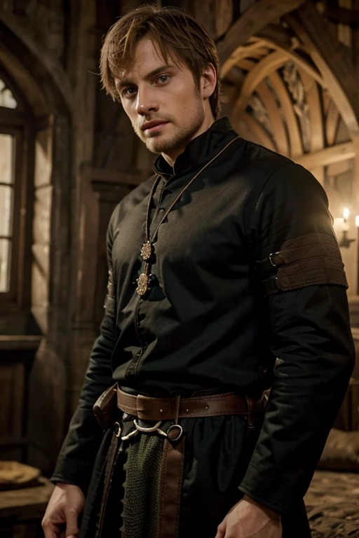 Bradley James,brunet, green eyes, black clothes, (light beard) (medieval)