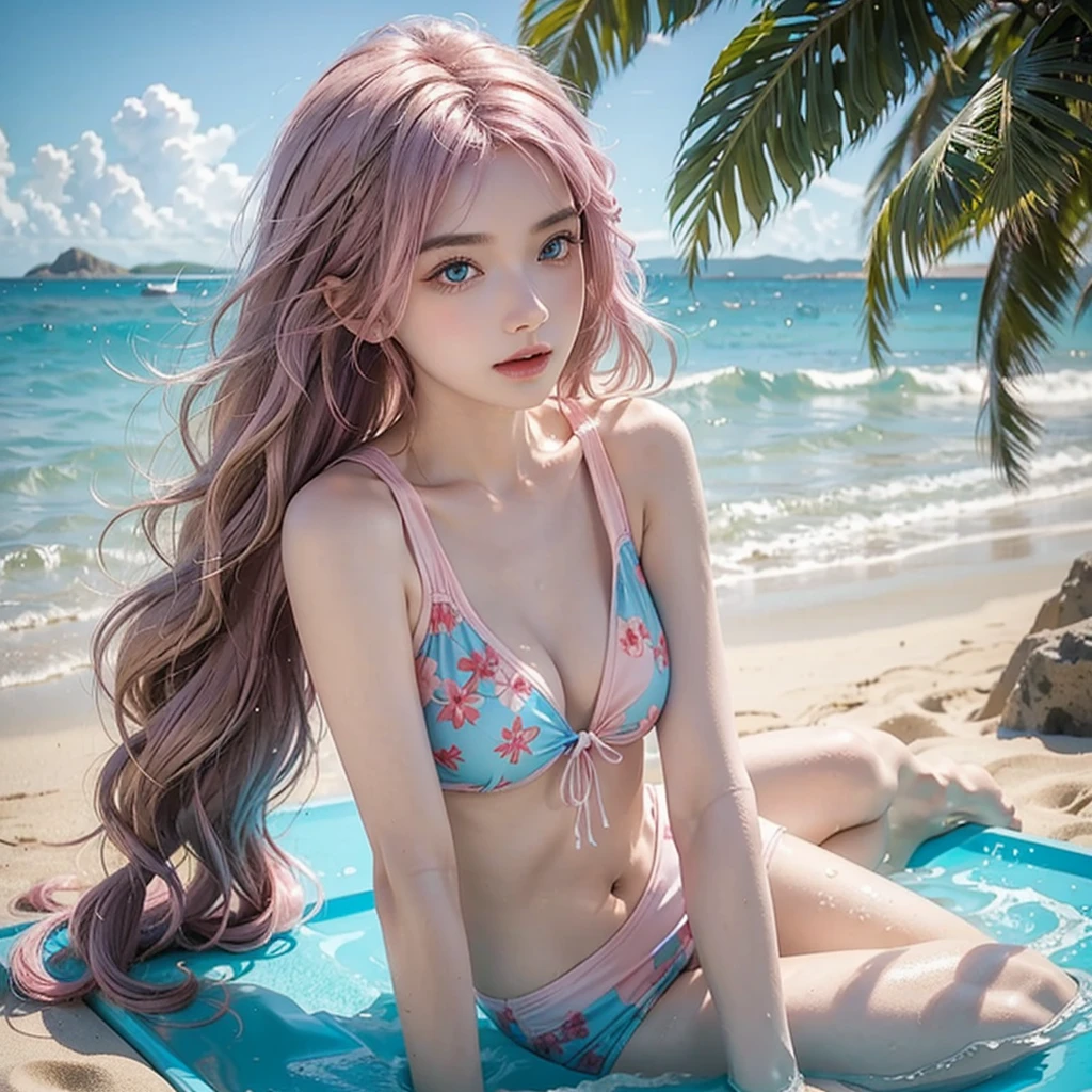 Light pink hair, blue eyes,  blue sky, Vibrant colors, Colorful floral swimsuit 、splash, Light Racing, Wavy long hair、splash、Light of the sun、Braiding、Sandy Beach, alone