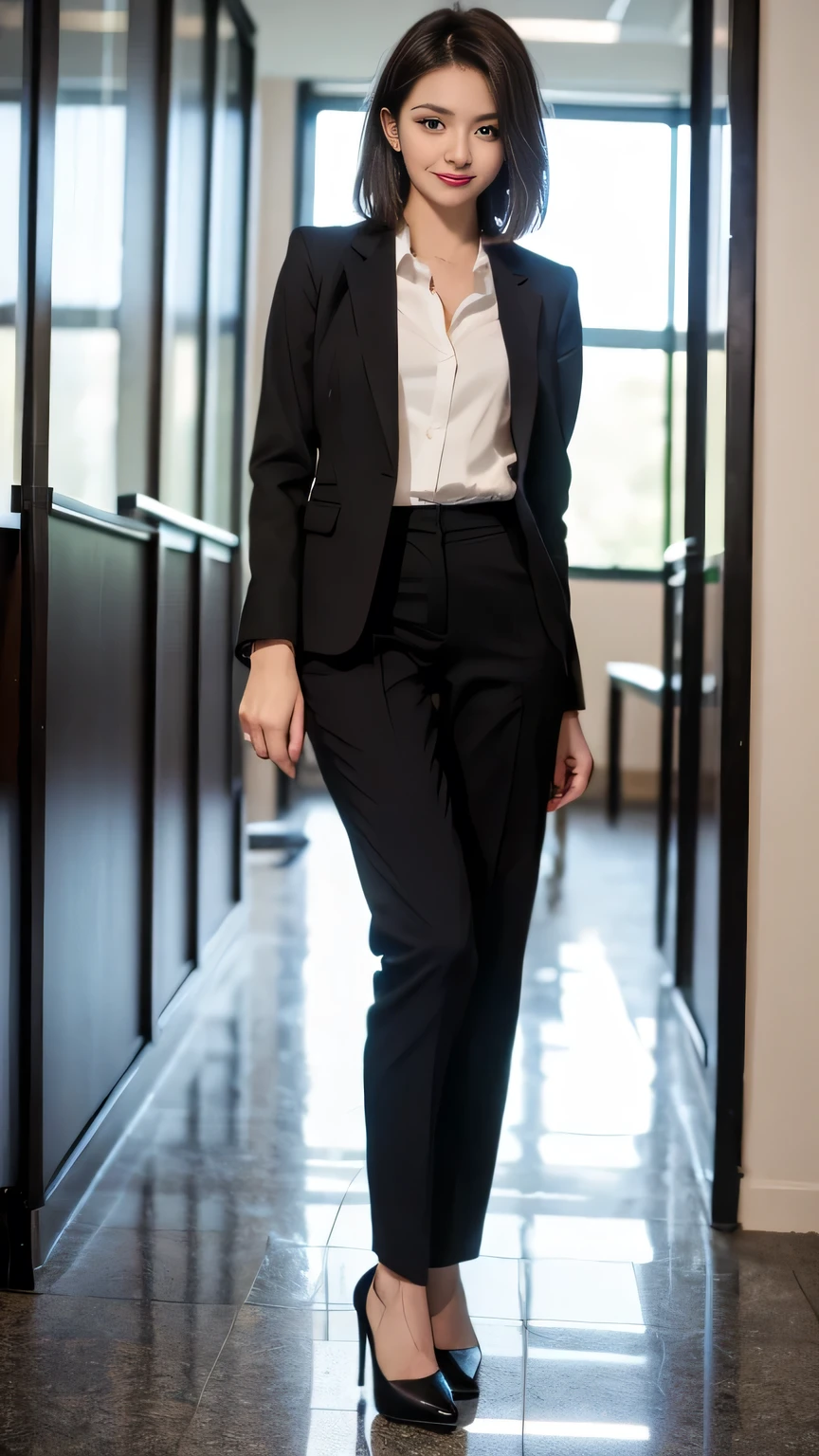 Delicate makeup,Cool Beauty, Accurately express the fine details of the face and skin texture,(The most beautiful face and eyes), double eyelid,Delicate skin,Looking into the camera、Short Haircut、smile、Jacket、shirt、Pants Style、((Are standing:1.3))、(Ultra-realistic pantyhose:1.2), (High heels)、(Business services)、 indoor, Photo Background,The background is the office