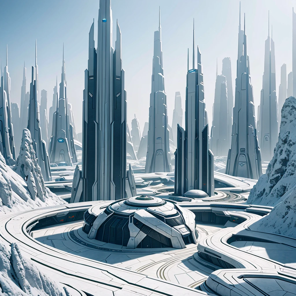 A landscape of the planet Requiem featuring white metallic architecture from the Forerunner universe of Halo 4. The scene shows a futuristic and alien environment with sleek, towering structures and advanced technology. The architecture has an otherworldly, ancient yet highly advanced aesthetic with intricate designs and glowing elements. The landscape is lush with exotic flora and dramatic terrain, creating a stark contrast with the pristine white metallic structures.