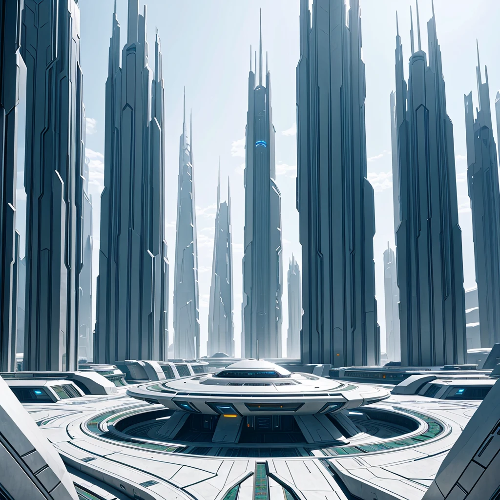 A landscape of the planet Requiem featuring white metallic architecture from the Forerunner universe of Halo 4. The scene shows a futuristic and alien environment with sleek, towering structures and advanced technology. The architecture has an otherworldly, ancient yet highly advanced aesthetic with intricate designs and glowing elements. The landscape is lush with exotic flora and dramatic terrain, creating a stark contrast with the pristine white metallic structures.