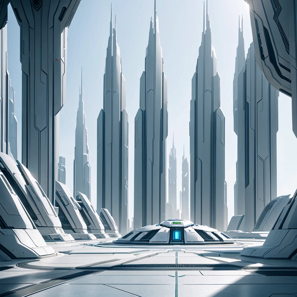 A landscape of the planet Requiem featuring white metallic architecture from the Forerunner universe of Halo 4. The scene shows a futuristic and alien environment with sleek, towering structures and advanced technology. The architecture has an otherworldly, ancient yet highly advanced aesthetic with intricate designs and glowing elements. The landscape is lush with exotic flora and dramatic terrain, creating a stark contrast with the pristine white metallic structures.