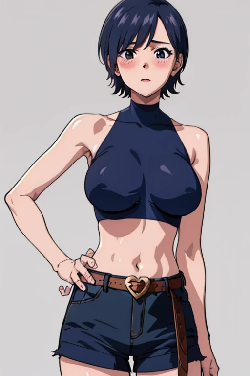 mikictr, 1girl, solo, black eyes, short hair, closed mouth, lipstick, blush, large breasts, crop top, no bra, midriff, navel, upper body, standing, belt, blue short shorts, simple background