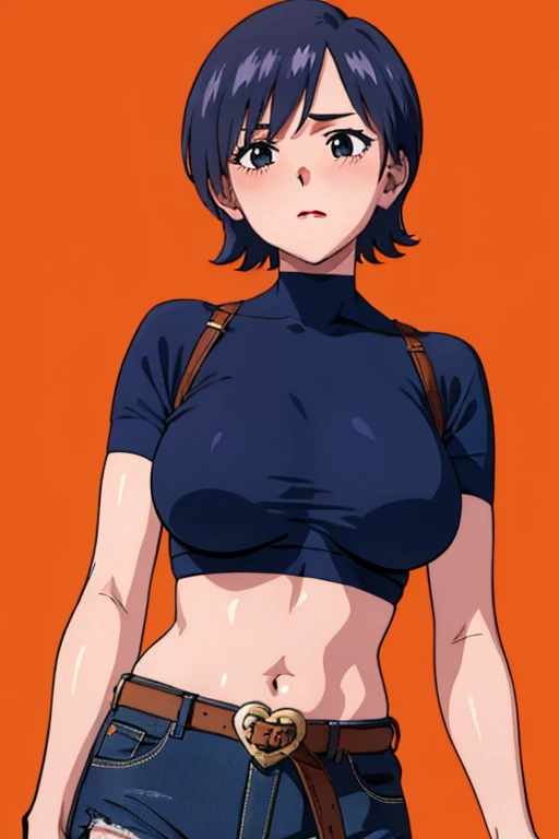 mikictr, 1girl, solo, black eyes, short hair, closed mouth, lipstick, blush, large breasts, crop top, no bra, midriff, navel, upper body, standing, belt, blue short shorts, simple background